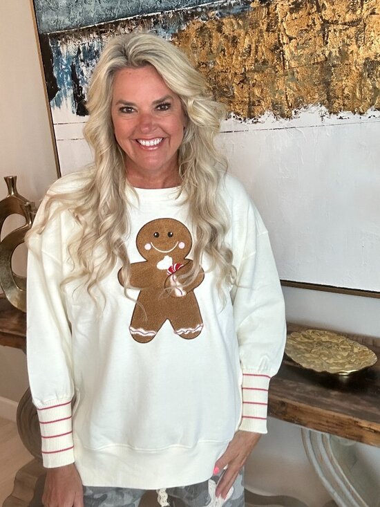 August Bleu Tops - Christmas Gingerbread Man Graphic Chenille Sweatshirt